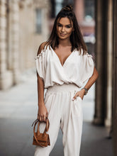 Trousers V neck Pocket Elastic Waist Casual Jumpsuit